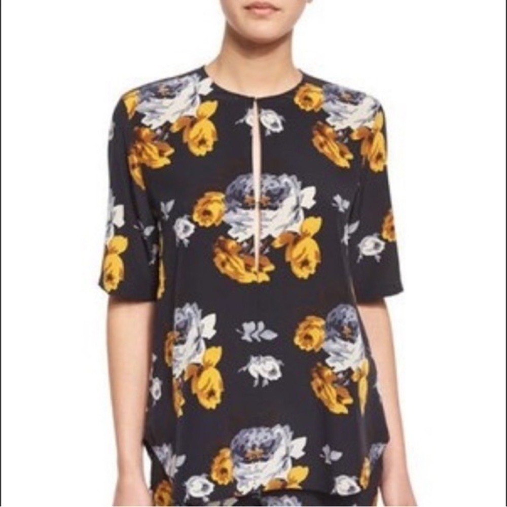 Theory Silk Floral Blouse Womens 00 Navy Blue Mustard Yellow Keyhole Top EUC
